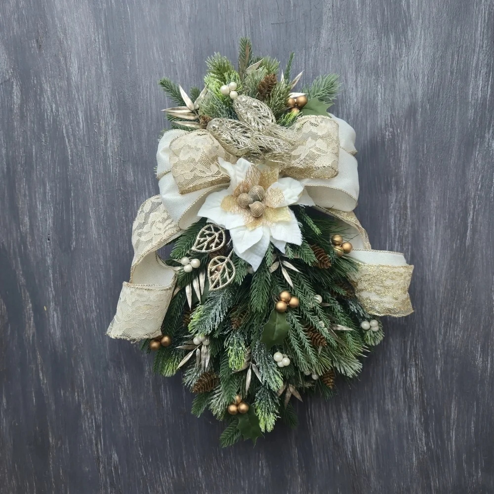 Handmade Elegant Champagne,Gold, Beige and Green Holiday Swag Wreath Door Hanger